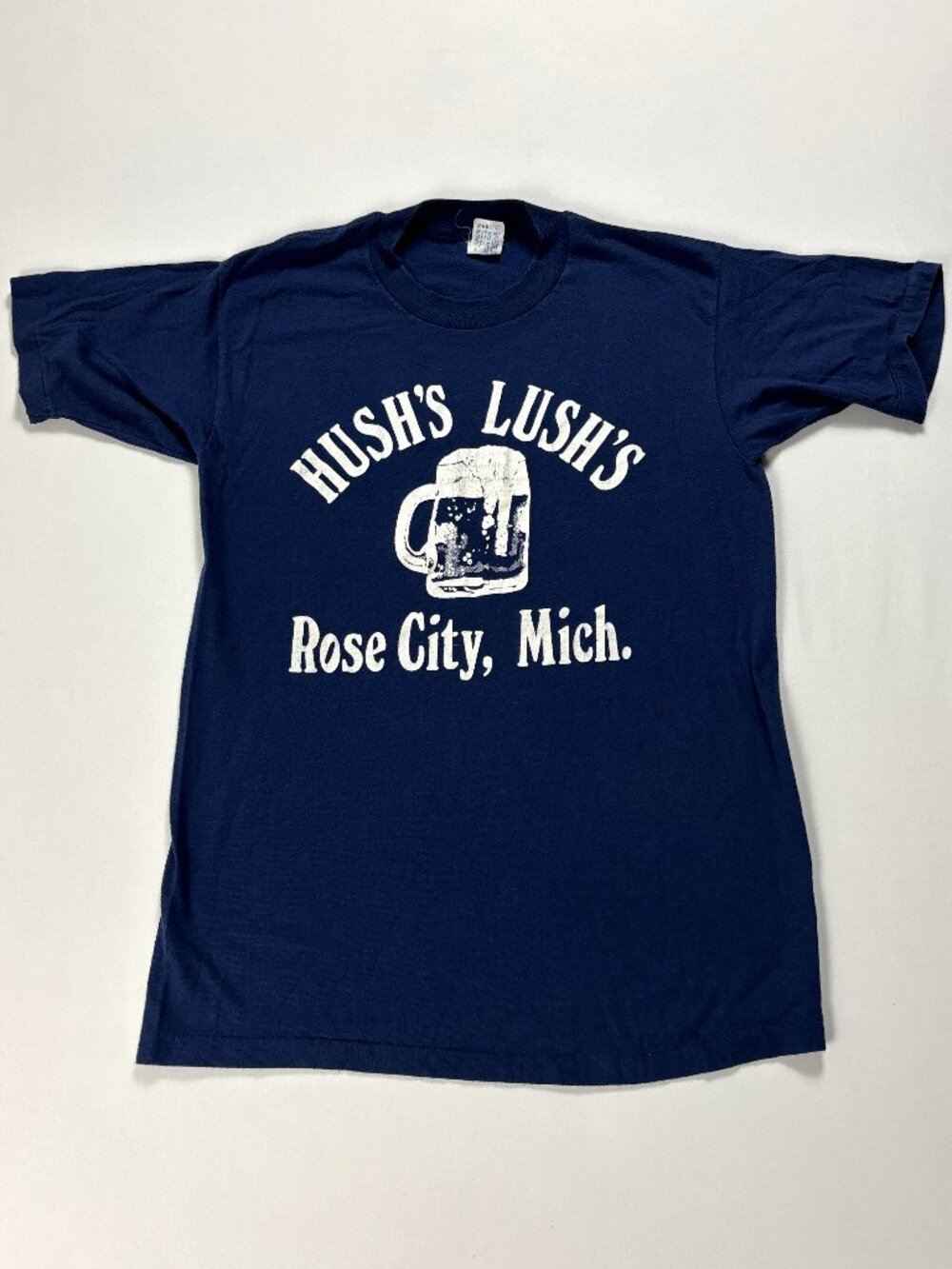 Vintage Hush's Lush's Rose City Michigan T Shirt Navy Blue S/M Bar Beer Rare